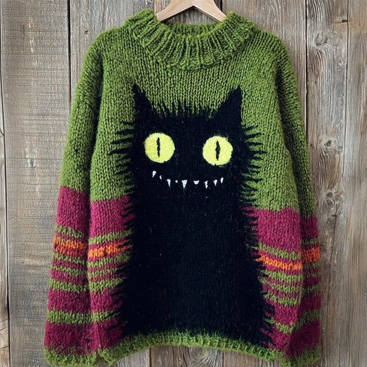 Vintage Halloween Black Cat Art Crew Neck Cozy Knit Sweater artswardrobe
