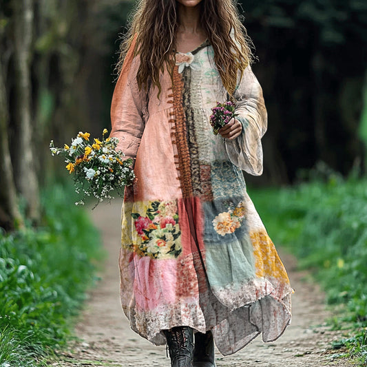 Women's Bohemian Floral Art Cotton And Linen Dress artswardrobe