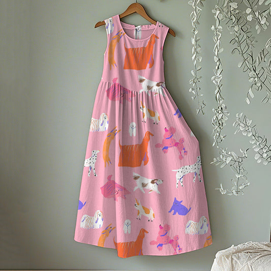 Vintage Cute Dog Art Linen Tank Midi Dress artswardrobe