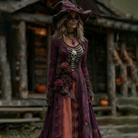 Comstylish Women's Halloween Rose Skeleton Witch Role Play Round Neck Maxi Dress