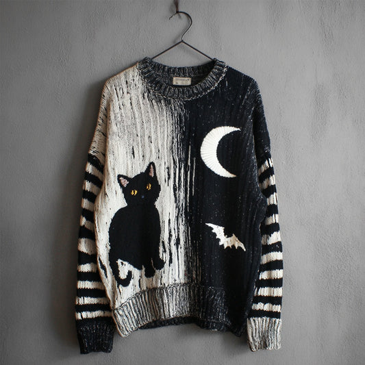 Comstylish Halloween Black Cat & Bat Contrast Striped Sleeve Knitted Sweater