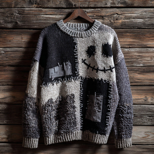 Halloween Pumpkin Face Contrast Stitched Cozy Knit Sweater elevenforest