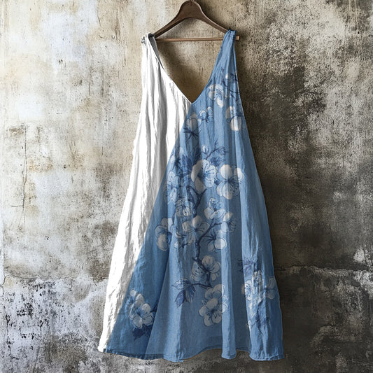 Comstylish Vintage Cherry Blossoms Contrasting Colors Art Linen Blend Tank Dress