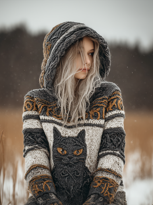 Women's Winter Warm Cat Design Hooded Knitted Sweater elevenforest