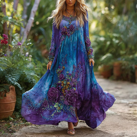 Women's Vintage Floral Gradient Pattern Round Neck Maxi Dress artswardrobe