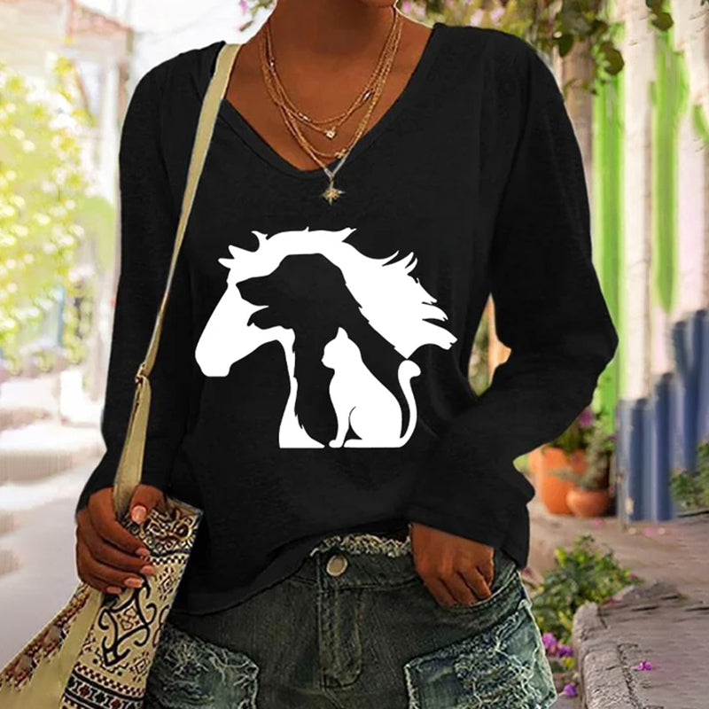Funny Horse Dog Cat Print Long Sleeve T-Shirt elevenforest