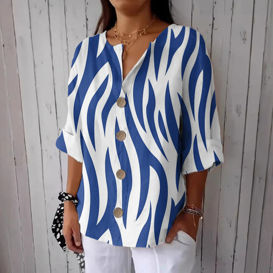 Women's Retro Geometric Pattern Linen Blend Casual Shirt artswardrobe