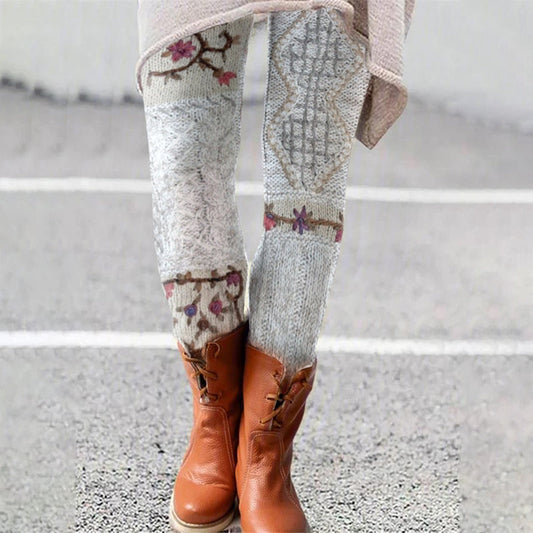 Vintage Floral Knit Patchwork Pattern Comfy Leggings elevenforest