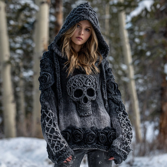 Women's Vintage Viking Tribal Celtic Skull Gradient Art Knit Hooded Sweater elevenforest