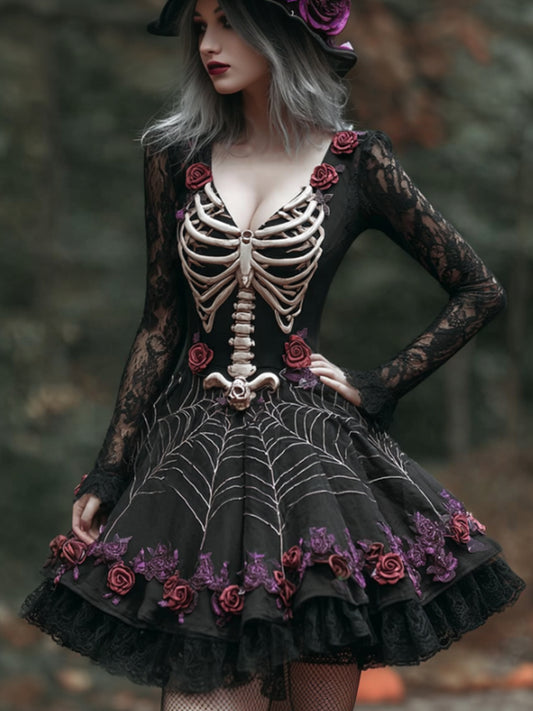 Comstylish Halloween Skeleton And Rose Old Gothic Short Skirt