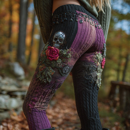 Women's Vintage Sugar Skull And Rose Pattern Comfort Leggings elevenforest