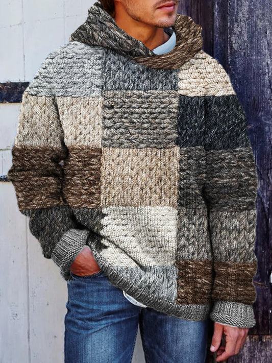 Men's Retro Colorblock Patchwork Chunky Cozy Hooded Sweater artswardrobe