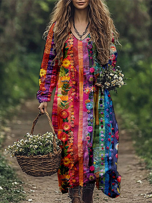 Colorful Floral Stripe Boho Collage Linen Blend Maxi Dress artswardrobe