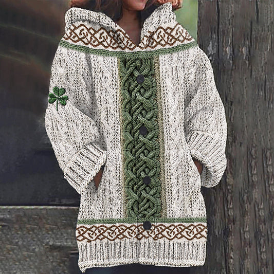 Women's Irish Celtic Knotted Shamrock Contrast Jacquard Sweater Cardigan artswardrobe