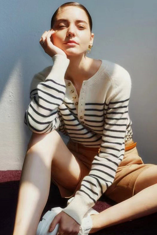 Paula® | Striped sweater with a crew neck and button placket at the front