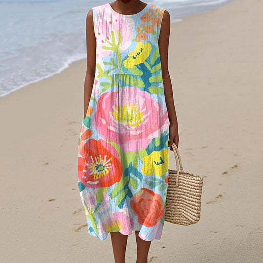 Women's Vintage Floral Art Linen Vest Dress artswardrobe