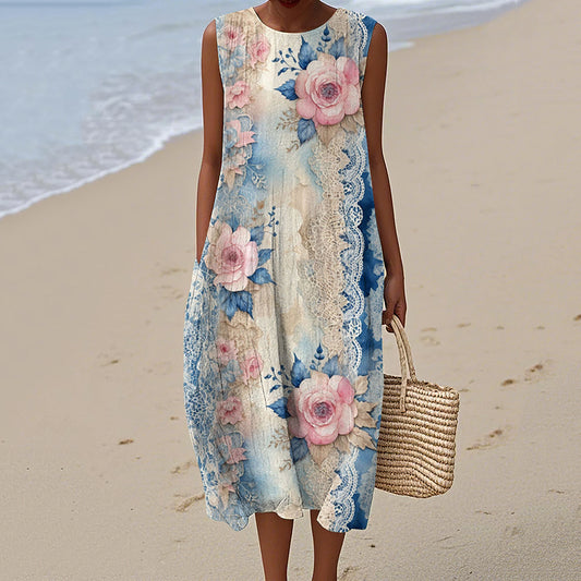 Women's Vintage Flower Art Print Linen Vest Dress artswardrobe