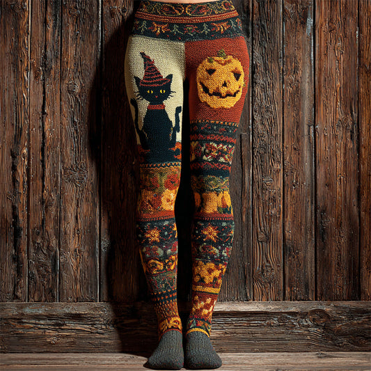 Halloween Wizard Hat Cat & Pumpkin Lady Knit Leggings elevenforest