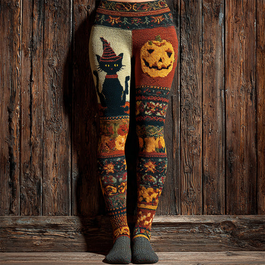 Comstylish Halloween Wizard Hat Cat & Pumpkin Lady Knit Leggings