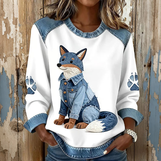 Comstylish Women's Fox And Nick Art Pattern Patchwork Casual Sweatshirt