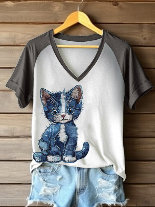 Women's Retro Funny Denim Patch Animal Cat Print Raglan Short Sleeve T-shirt elevenforest