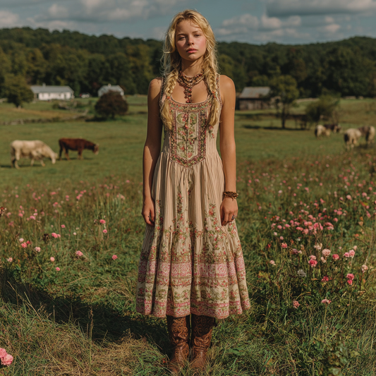 Vintage Pink Floral Linen Tank Midi Dress artswardrobe