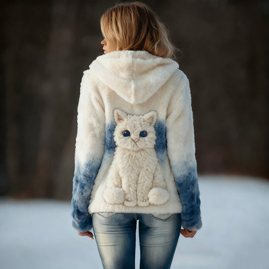 Comstylish Cute Fuzzy Cat Embroidered Cozy Plush Hoodie