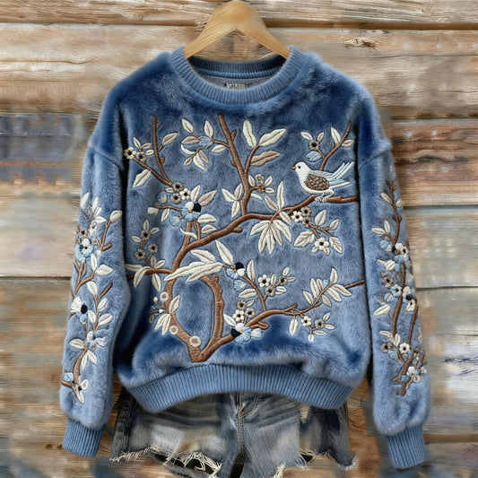 Comstylish Birds & Flowers Art Round Neck Plush Sweatshirt