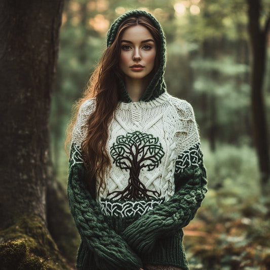 Women's Celtic Tree Of Life Jacquard Ethereal Forest Hooded Sweater elevenforest