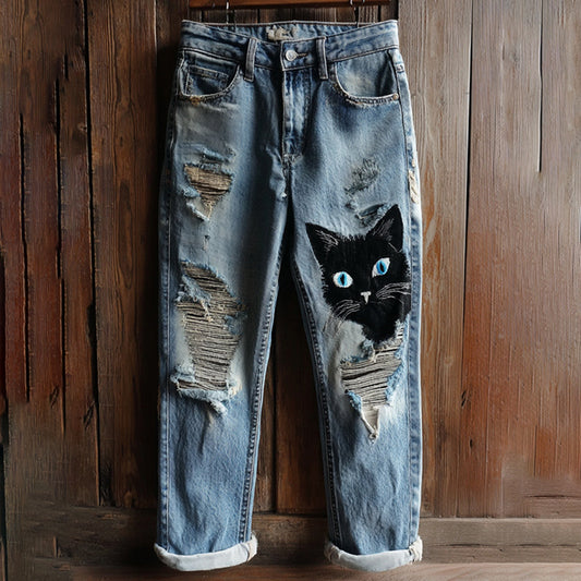 Comstylish Women's Vintage Distressed Cut Black Cat Embroidery Washed Jeans
