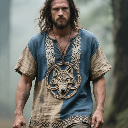 Men's Viking Celtic Wolf Embroidered Contrast V-neck Linen Blend Shirt artswardrobe