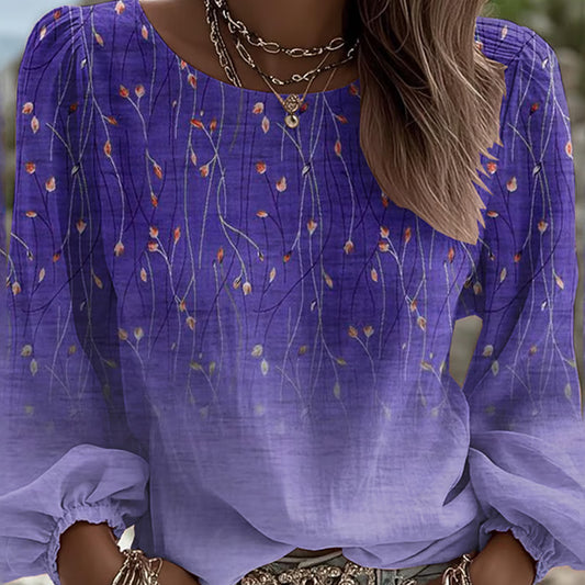 Comstylish Women's Retro Purple Floral Print Crew Neck Long Sleeve Shirt
