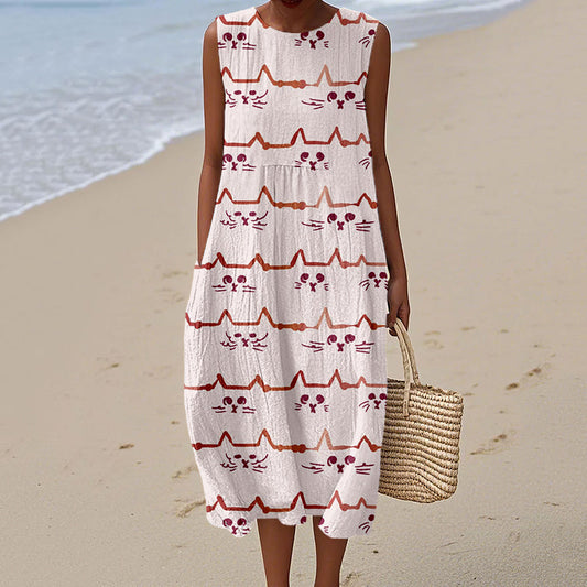 Cute Cats Pattern Linen Midi Tank Dress elevenforest