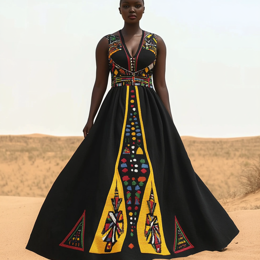 Retro African Tribal Geometric Pattern Deep V Dress artswardrobe