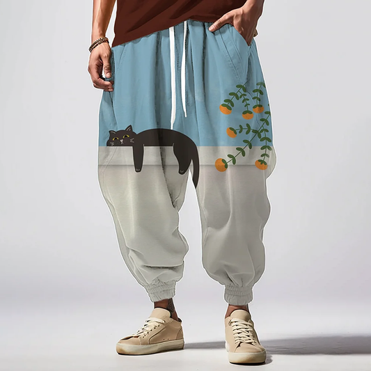 Japanese Art Retro Orange Tree Lazy Cat Art Print Loose Drawstring Waist Sweatpants elevenforest