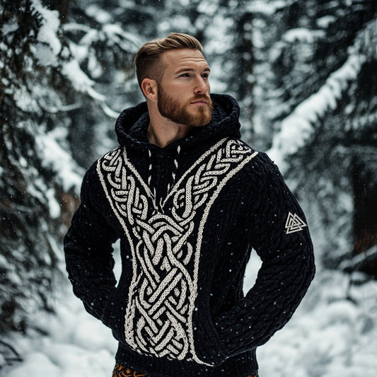 Men's Viking Tribal Jacquard Celtic Inspired Chunky Knit Hooded Sweater elevenforest