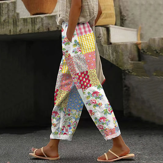Vintage Color Block Floral Art Cotton Linen Pants artswardrobe
