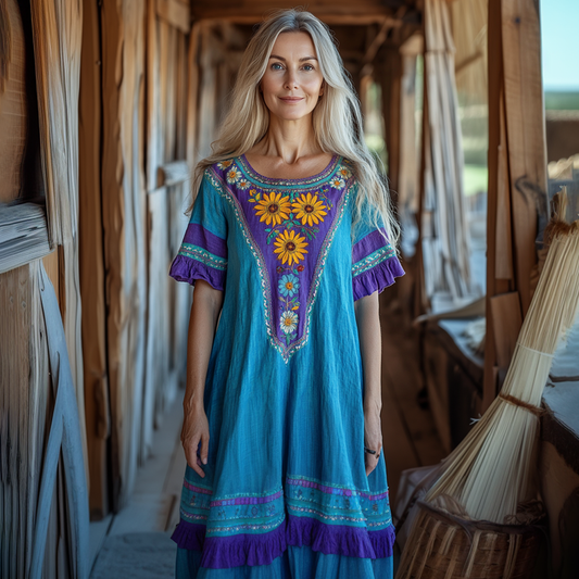 Vintage Bohemian Embroidered Floral Contrast Midi Dress artswardrobe