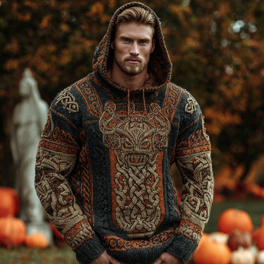 Men's Vintage Halloween Viking Embroidered Sweater elevenforest