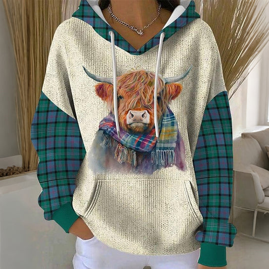 Women's Vintage Highland Cow Plaid Print Casual Hoodie artswardrobe