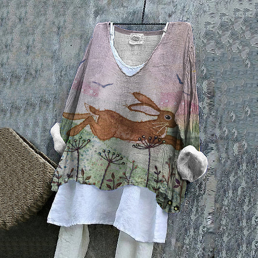 Meadow Cute Rabbit Embroidery Linen V-neck Shirt artswardrobe