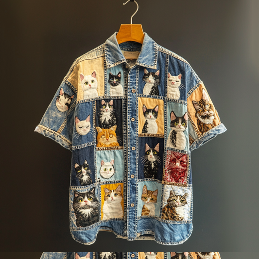 Casual Pop Art Patchwork Cat Denim Shirt elevenforest