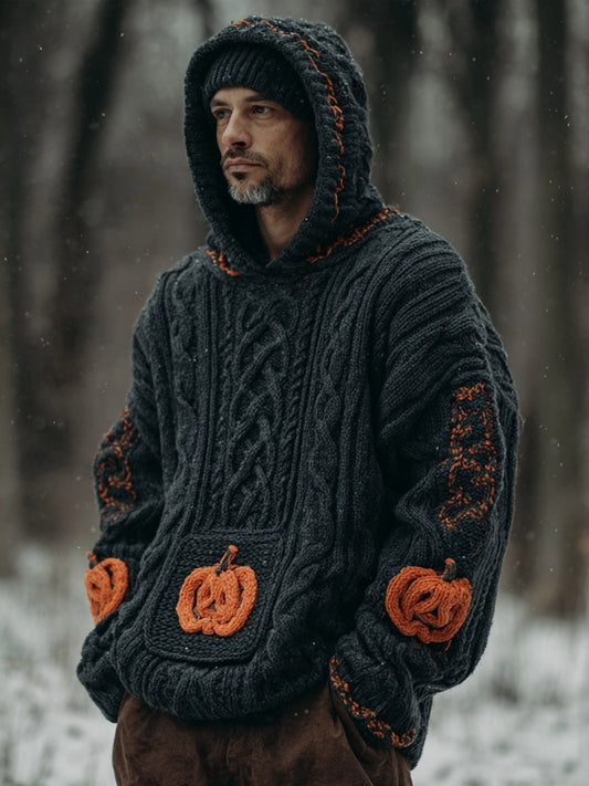Men's Vintage Pumpkin Embroidered Chunky Hooded Sweater artswardrobe