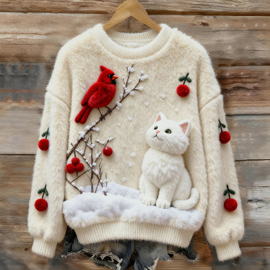 Comstylish Women's Christmas Robin And Cat Plush Sweater