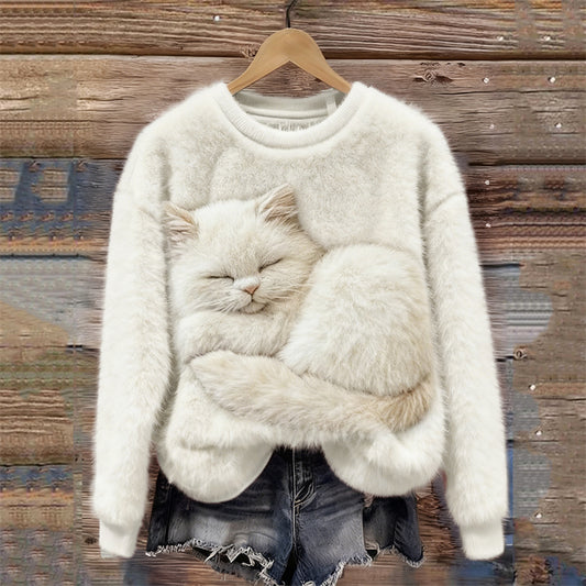 Comstylish Lovely Sleeping Fuzzy Cat Cozy Plush Sweatshirt