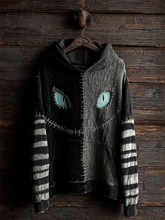 Comstylish Halloween Cat Face Contrast Stitched Striped Sleeve Hoodie
