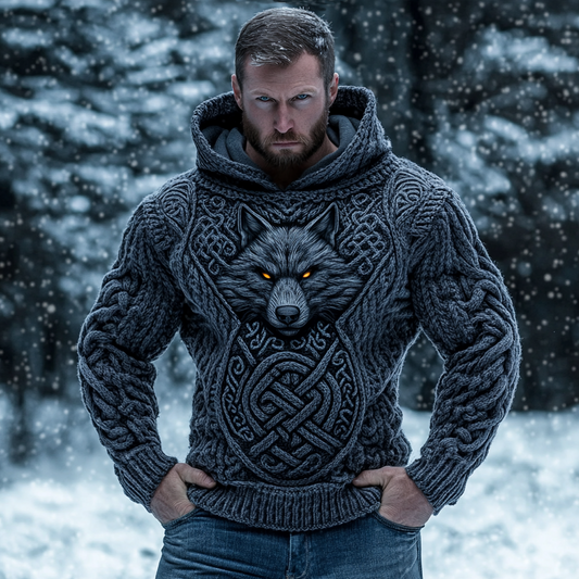 Retro Wolf Inspired Viking Celtic Jacquard Chunky Hooded Sweater elevenforest