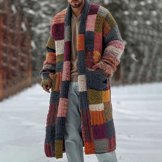 Men's Vintage Geometric Block Knit Warm Sweater Long Cardigan elevenforest