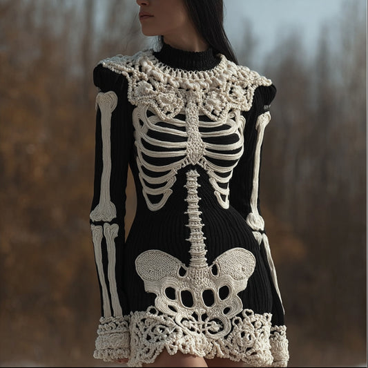 Comstylish Women's Halloween Skeleton Flower Lace Embroidered Round Neck Mini Skirt