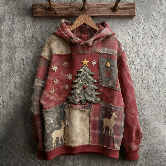 Comstylish Women's Vintage Christmas Tree Print Long Sleeve Hoodie